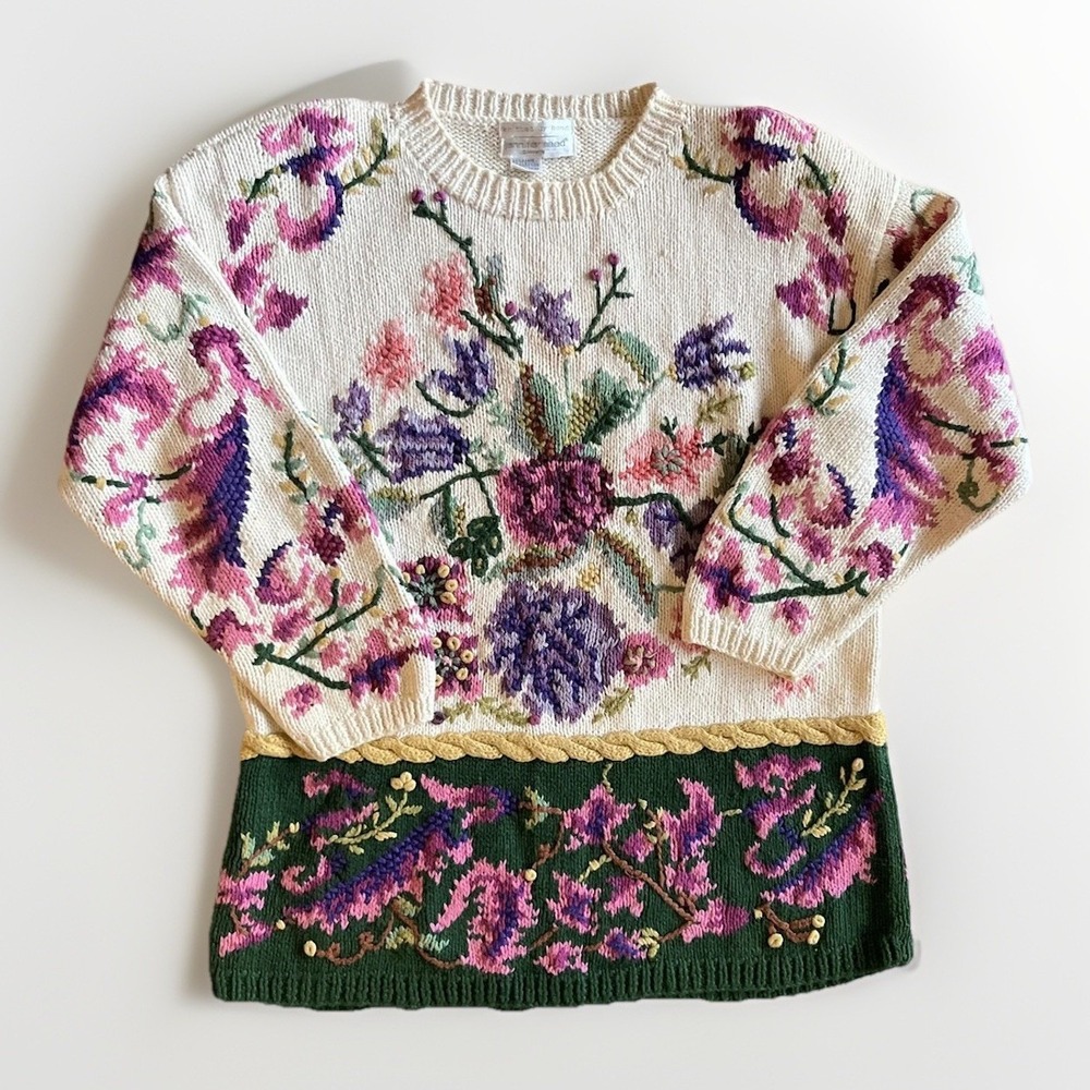 Vintage Jennifer Reed Sweater Womens Medium‎ Floral Ramie Cotton Pullover 90s